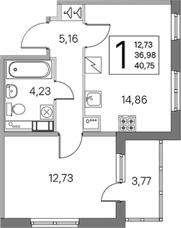 1-комнатная квартира 36.98 м², 5/5 эт., ЖК «ЮгТаун. Олимпийские кварталы»